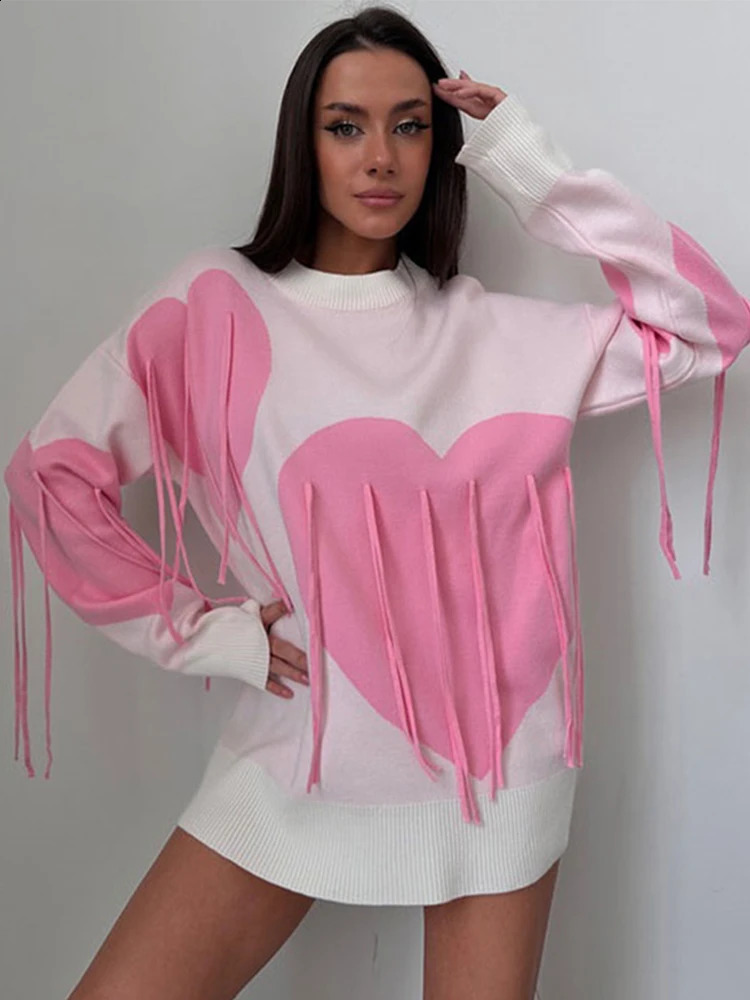 Casual Knitted Tassel Love Print Sweater Women Loose O-neck Long Sleeve Female Sweaters Autumn Fashion Lady Streetwears 240812