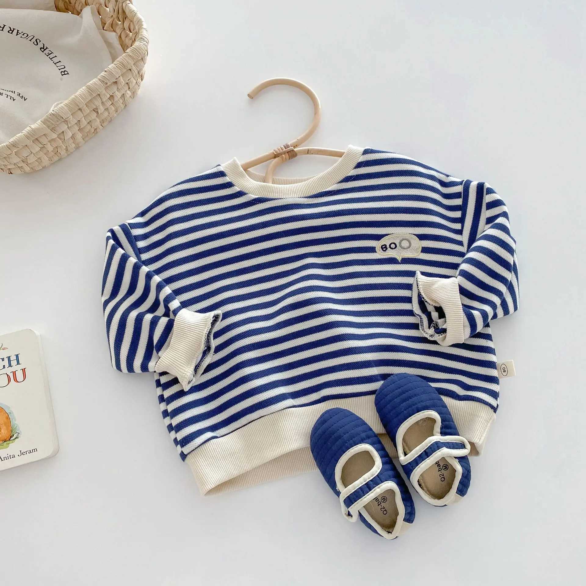 Spring Autumn 2024 Children Boys Sweatshirts Letter Embroidery Patched Baby Boys Elastic Hem Striped Stylish Little Boy PulloverY240814