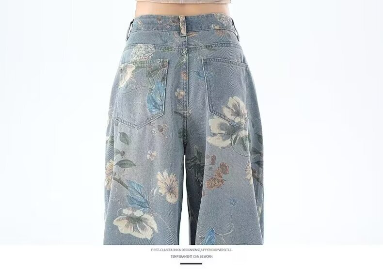 American printed wide women's designer jeans, 2024 summer new high waisted slim fit loose straight leg pants