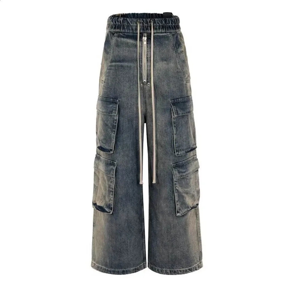 Men Pants Gradient Jeans Multi-pockets Drawstring Oversized Polyester Ribbons Streetwear 1 Pc Baggy Comfortable 240814