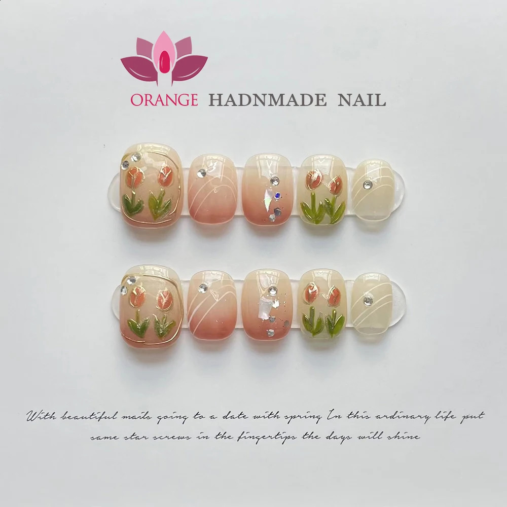 Handmade Nails Press On Coffin Medium Length Flower Manicuree Wearable Full Cover Artificial False Nail Tips Japanese Set 240810