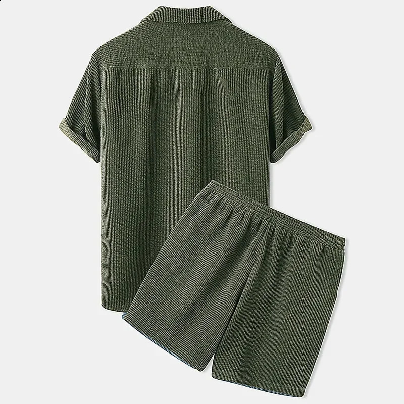 Men Outfit Set Mens Casual Loose Multi-color Beach Wear Corduroy Short Sleeve Suit Shirt Shorts Two-piece Set 240813