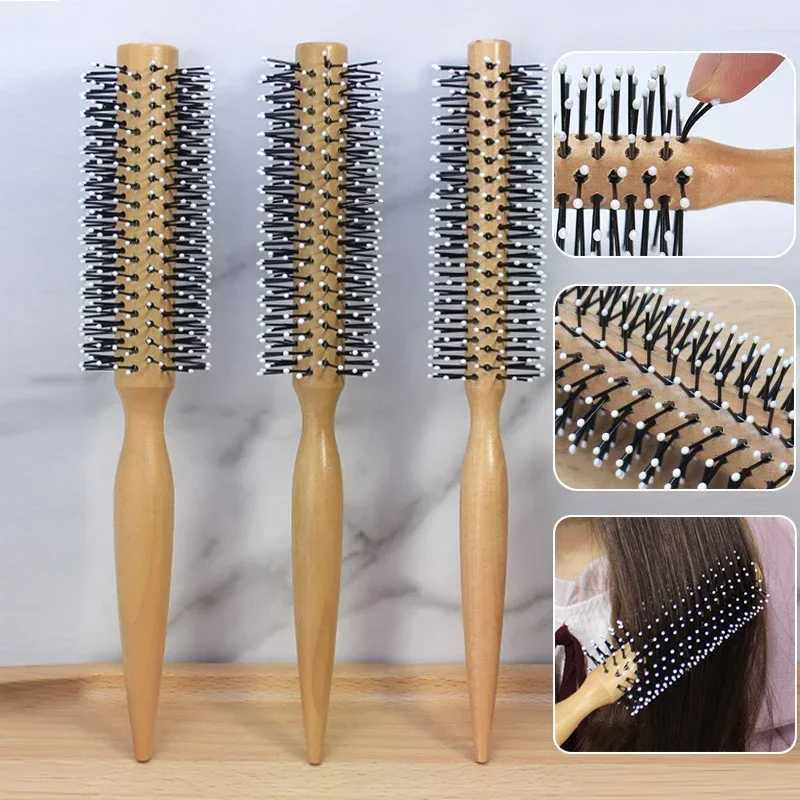 Mini round nylon hair brush with curly styling comb suitable for thin or short haired men with wooden handle W240813