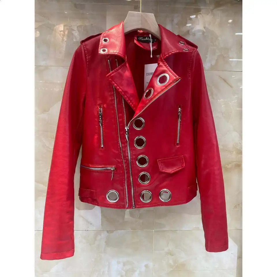 Women Chic Faux Leather Motorcycle Jacket Fall PU Locomotive Bomber Coat Zipper Cardigan Metal Rings Hollow Streetwear Crop Tops 240813