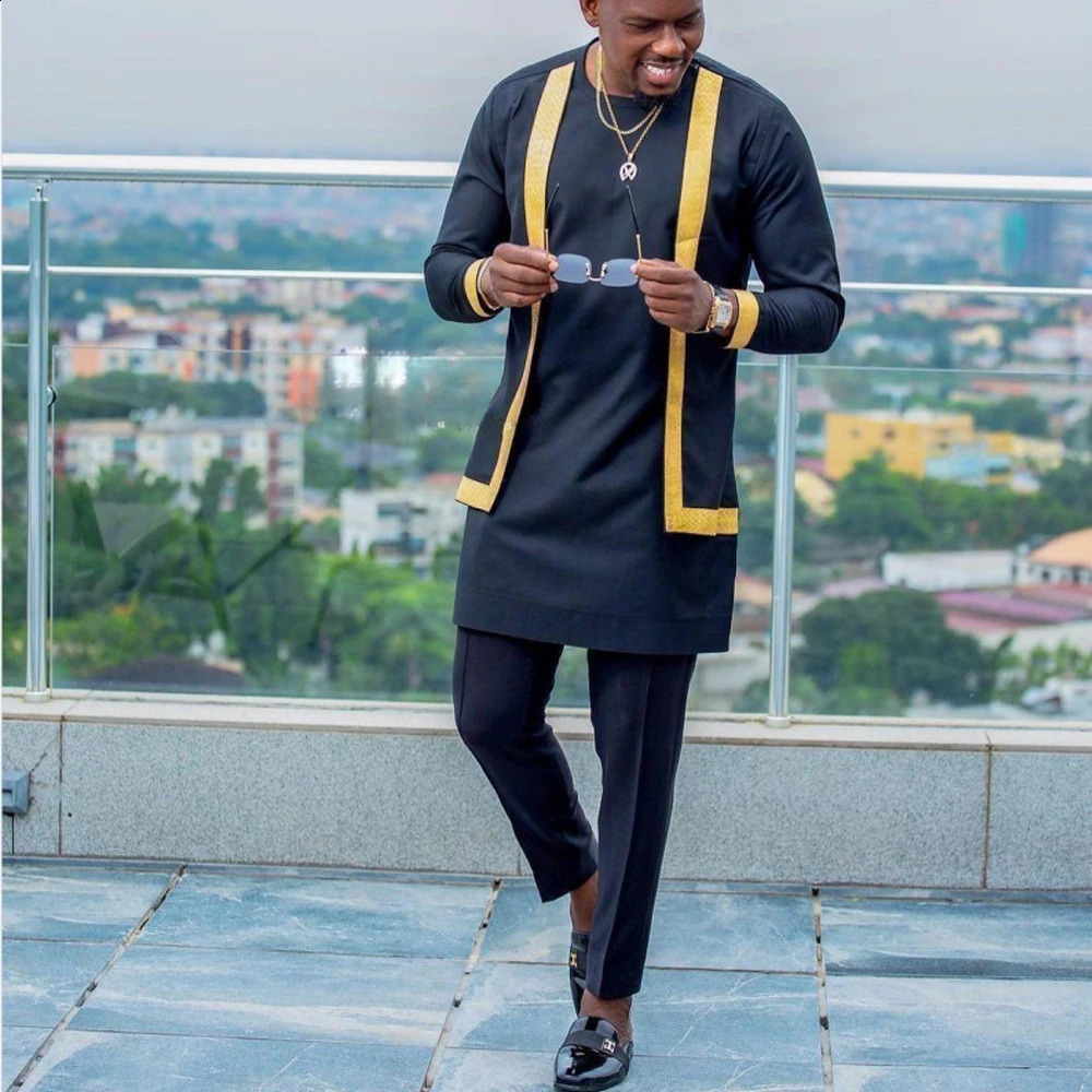2024 Mens Elegant Suit Shirt Pants 2-piece Two-piece Set Round Neck Stitching Solid Color Party Long Sleeve African Ethnic Styl 240813