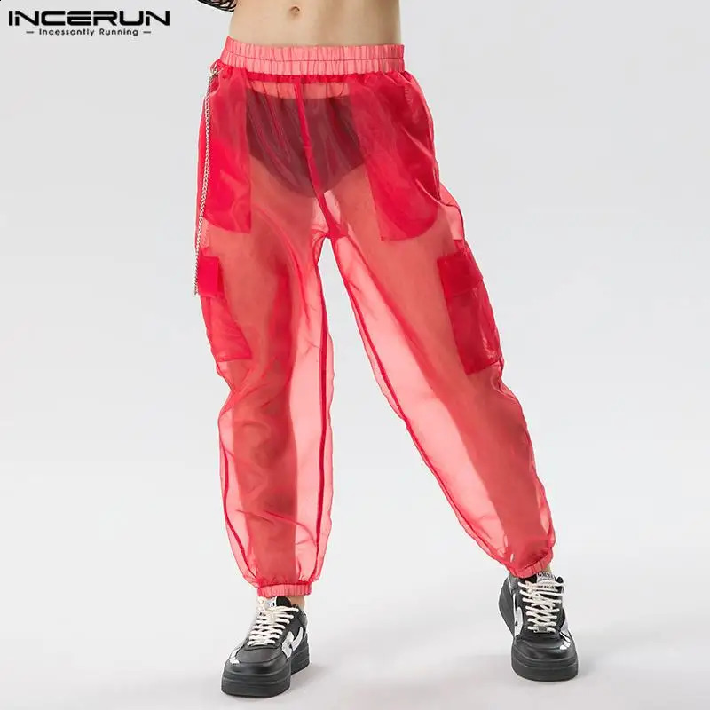 Stylish Casual Style Trousers INCERUN Mens Party Shows Long Pants Sexy Solid See-through Thin Mesh Pantalons S-5XL 240814