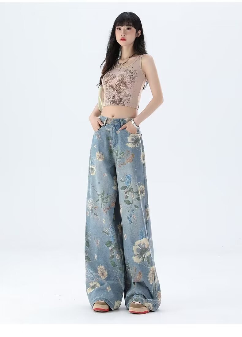 American printed wide women's designer jeans, 2024 summer new high waisted slim fit loose straight leg pants