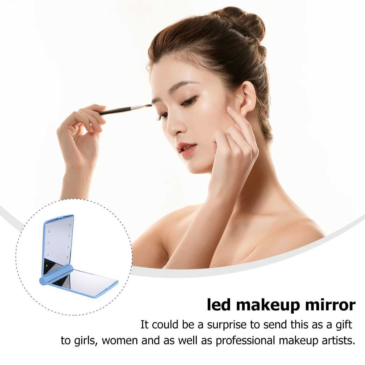 Folding LED vanity mirror double-sided makeup folding small wallet hand-held portable pocket blue W240813