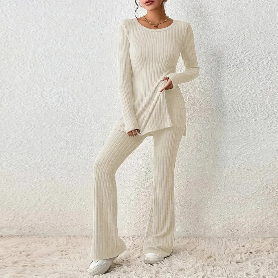 Spring Women Knit Two Piece Sets Solid Color Sexy Slit Casual Slim Suit Long Sleeve Oneck TopsPants Set Fashion Streetwear 240712