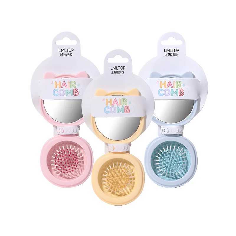 1 cartoon cat cute round folding makeup mirror comb set 2-in-1 mini portable handheld touch high-definition makeup mirror W240813