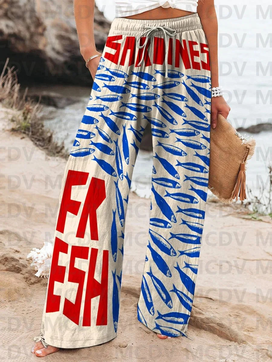 Womens Vintage Fish Sardines Art Print Linen Casual Pants 240813