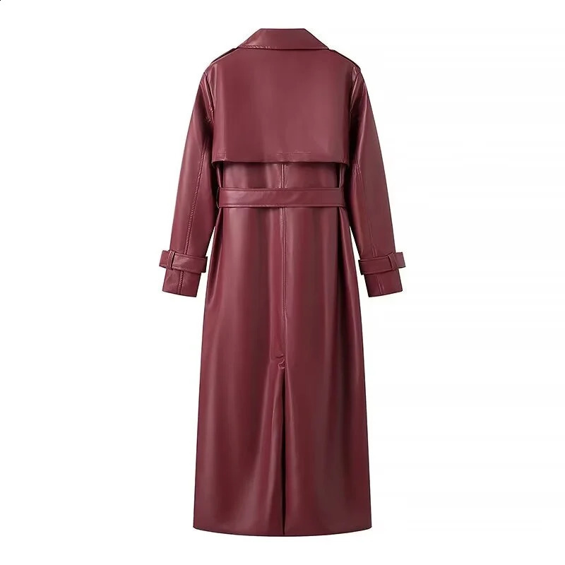 KEYANKETIAN 2024 Womens Burgundy Faux Leather Coat Retro Fashion With Belt Pockets Loose Extended Overcoat Outerwear 240813