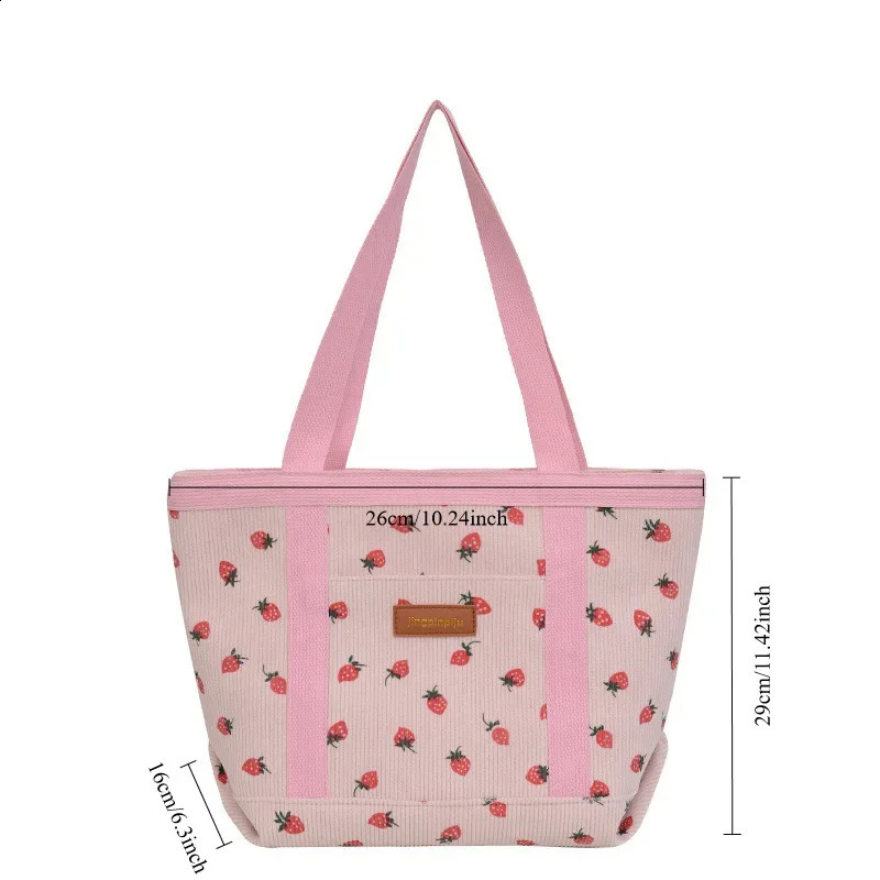 Classic Fresh Corduroy Shoulder Bag Cute Strawberry Printing Student Handbag Literature Large Exquisite 240813