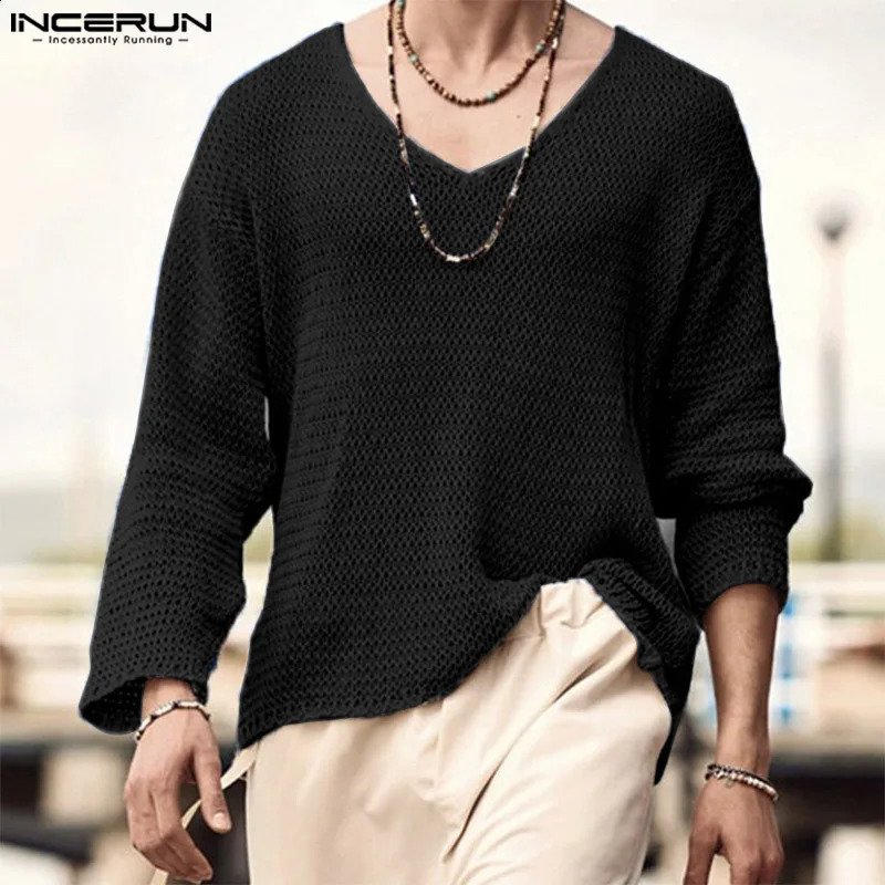 Stylish Tops INCERUN Men All-match Simple V-neck Camiseta Casual Well Fitting Male Long Sleeve T-shirts S-5XL 240816