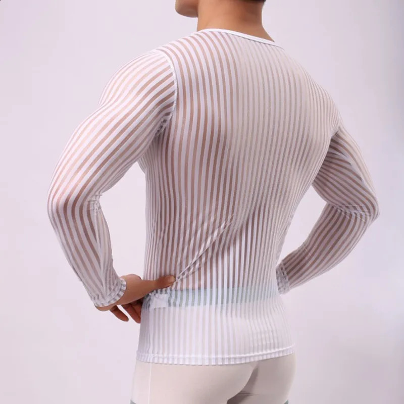 Mens Stripe Undershirt Breathable Slim Mesh Tees Shirt See Through Sheer Long Sleeves T Shirts Sexy Transparent Shirt Underwear 240814
