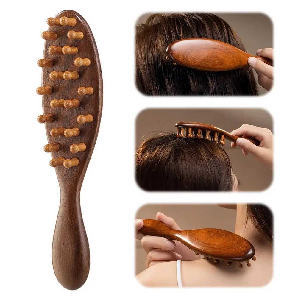Golden Sandalwood Comb Head Meridian Comb Natural Sandalwood Long Handle Comb Multi functional Insertion Tooth Massage Comb W240813