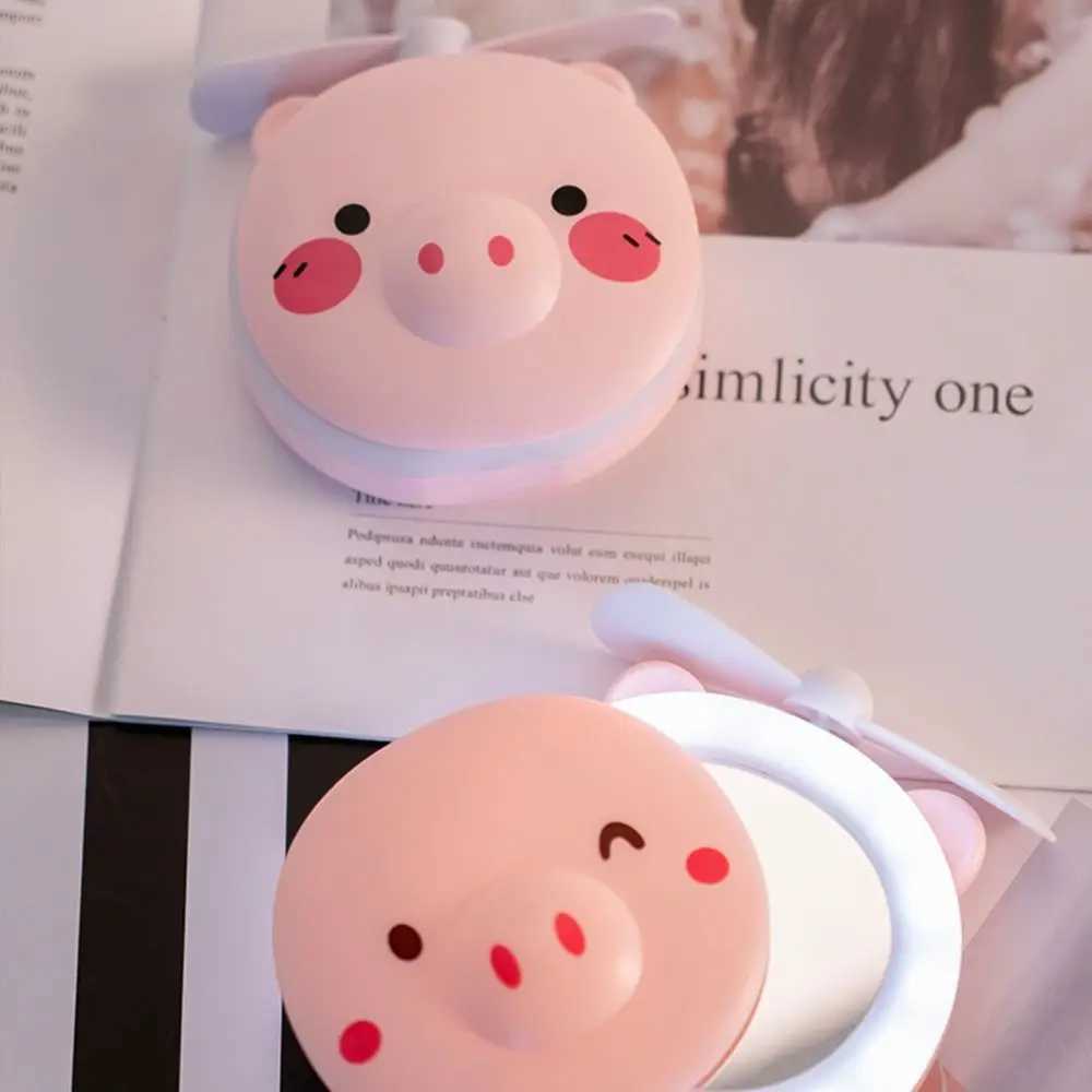 Handheld cartoon makeup mirror with fan creative cute pink pig fan LED light circular LED makeup mirror night light W240813
