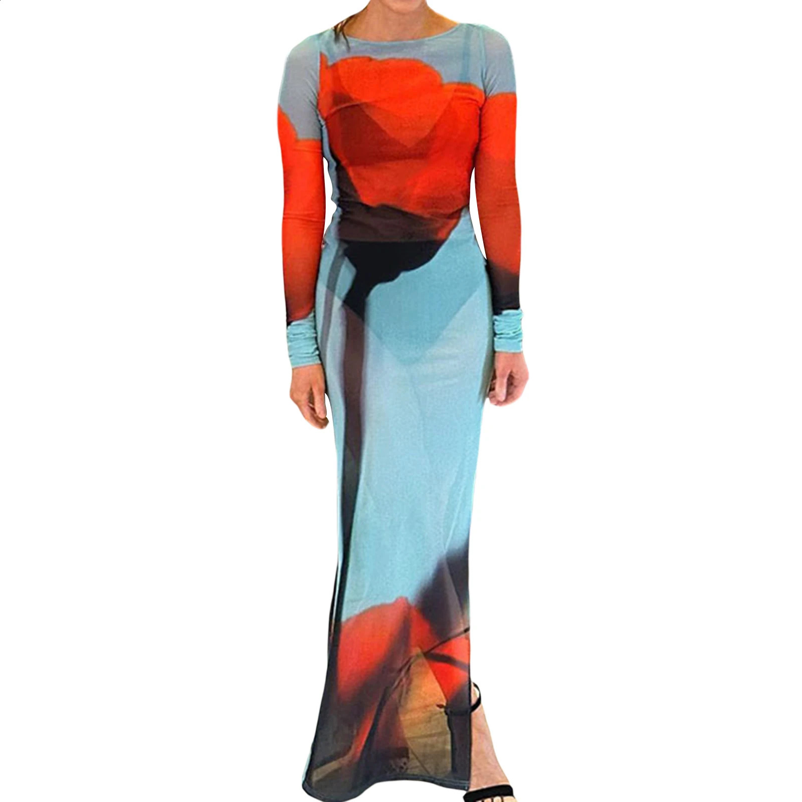 Y2K Sexy Club Sheer Bodycone Side Slit Women Long Sleeve Mesh Midi Blue O-neck Floral Print Dress Outfit 240814