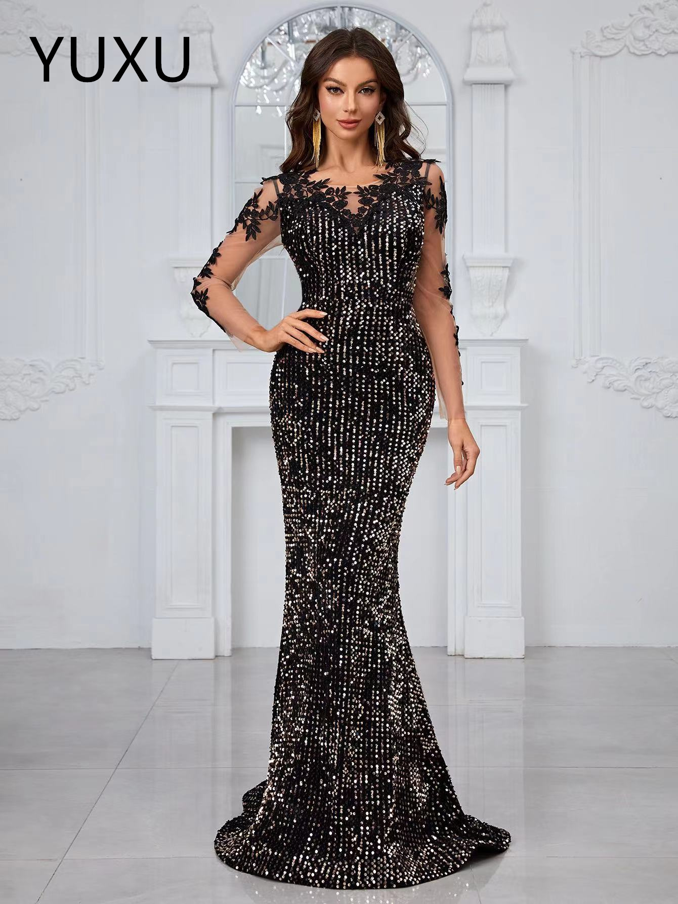 black Sequined Mermaid Long sleeves Prom Dresses lace Neck Hollow Out Lace Appliqued Backless Formal Evening Gowns Long Court Train Formal Occasion Pa