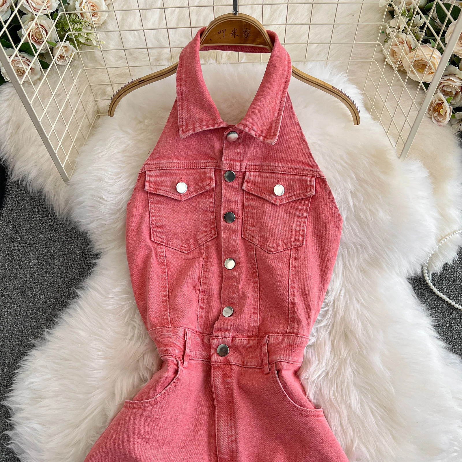 Women Rose Jumpsuit Halter Sleeveless One Breasted Wide Leg Overall Solid Wide Leg Bodysuits for Female Pink Backless Long Jeans 240813