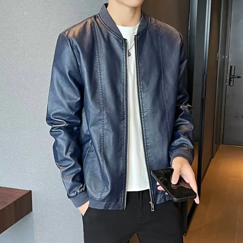 Spring Autumn Korean Style Slim Fit Fleece Lined Jacket For Men Trendy Versatile Thin Leather Motorcycle Jacket Casual Scene 240814