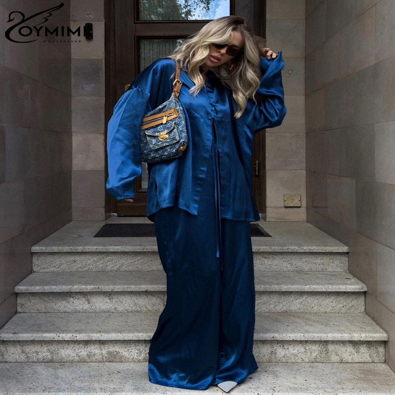 Oymimi Casual Loose Blue Satin Womens 2 Piece Outfit Set Elegant Long Sleeve Shirt With High Waist Wide Pants Set Streeetwear 240813