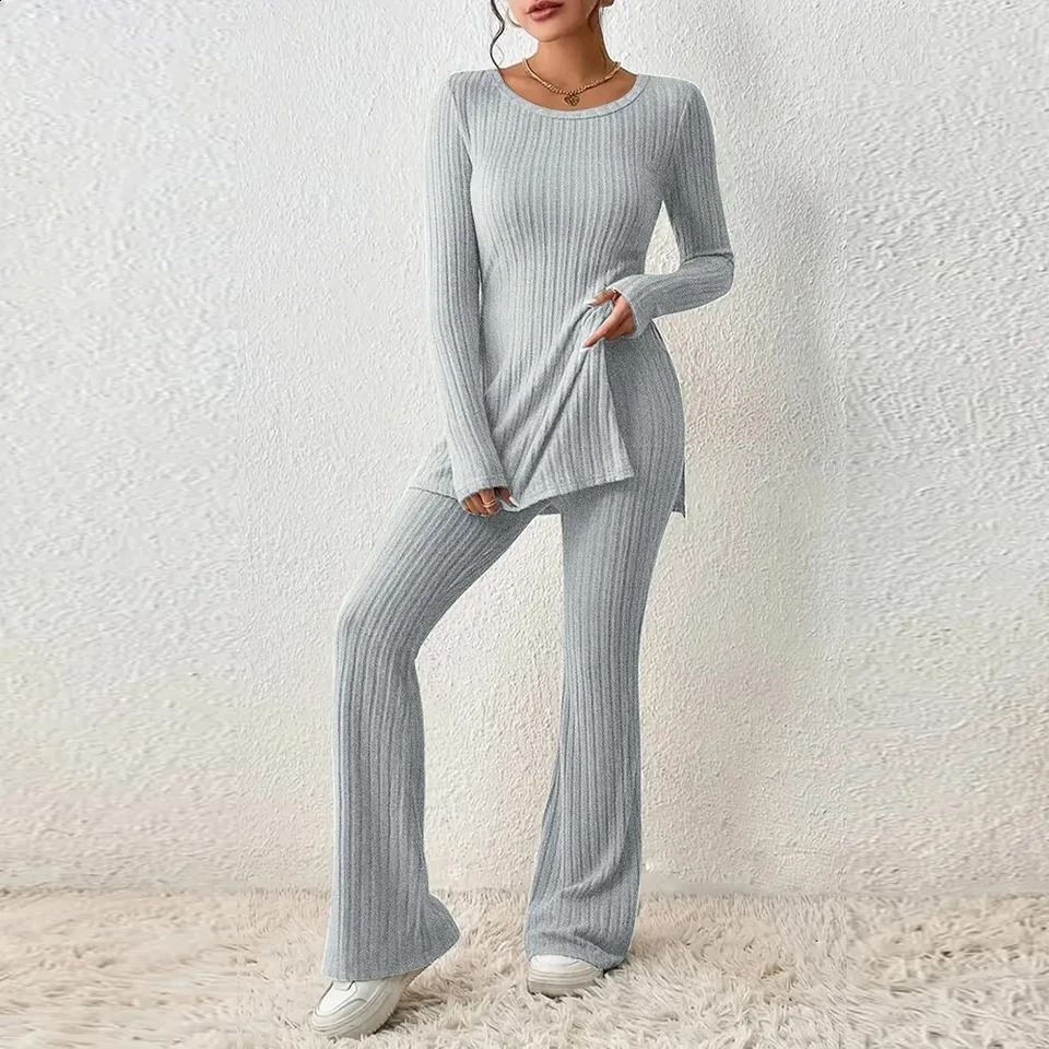 Spring Women Knit Two Piece Sets Solid Color Sexy Slit Casual Slim Suit Long Sleeve Oneck TopsPants Set Fashion Streetwear 240712