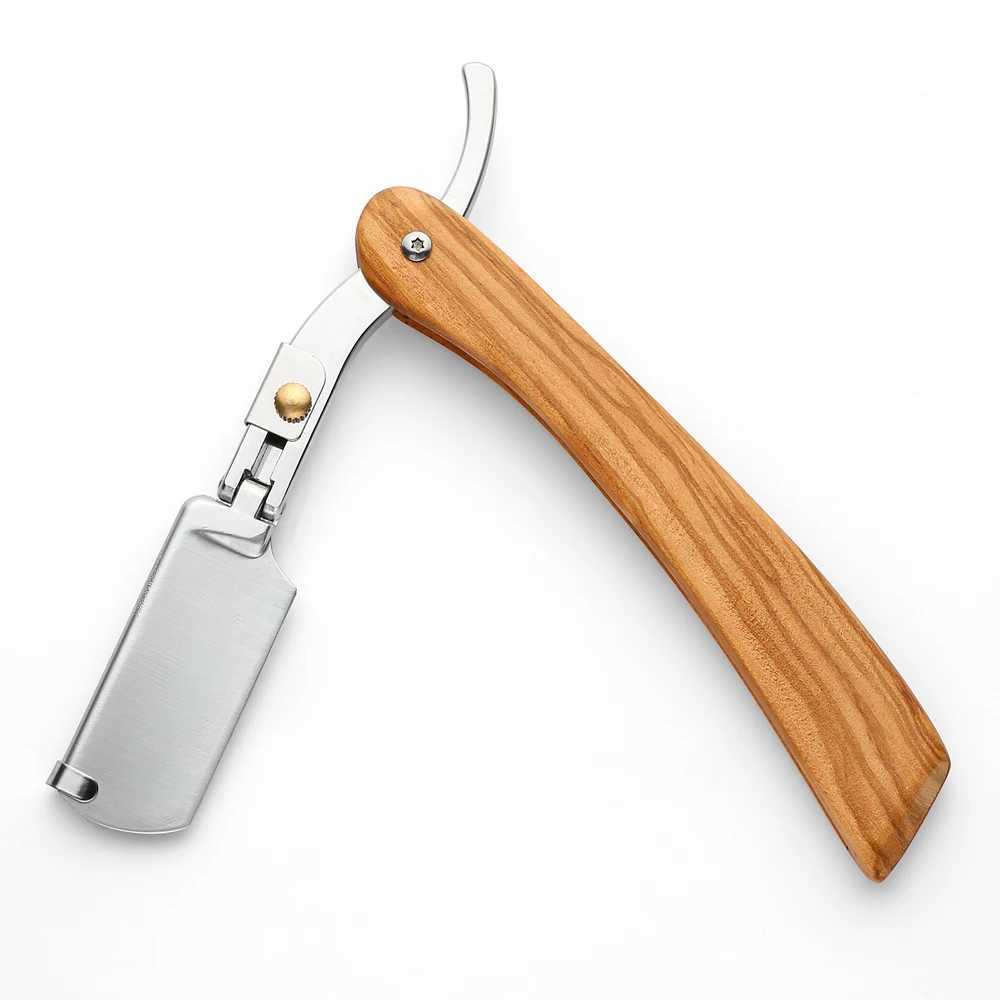 Manual Straight Edge Razor Folding Shaving Shavette Barber Razor Solid Olive Wood Handle With Double Edge Razor Blades PU PouchM240814