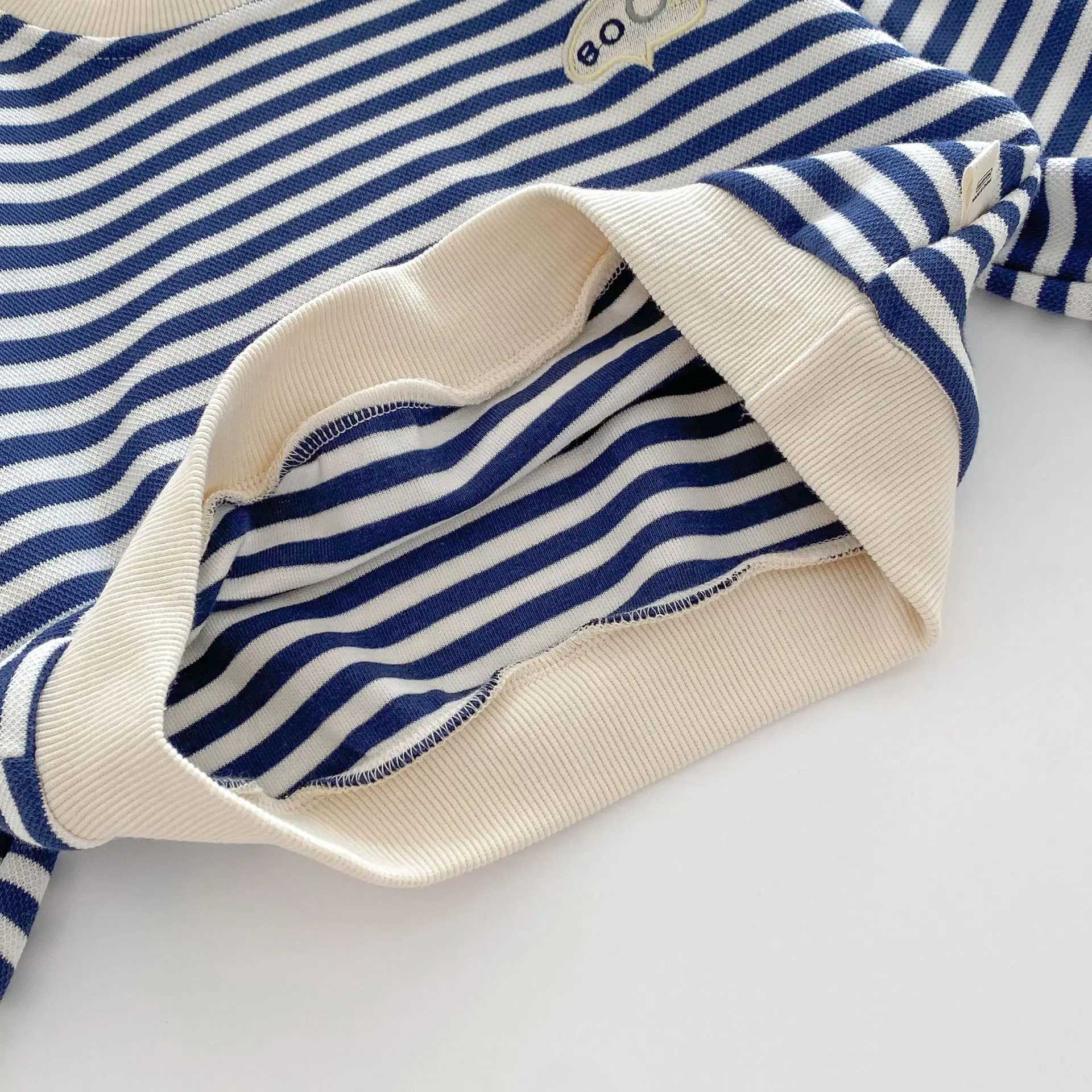 Spring Autumn 2024 Children Boys Sweatshirts Letter Embroidery Patched Baby Boys Elastic Hem Striped Stylish Little Boy PulloverY240814