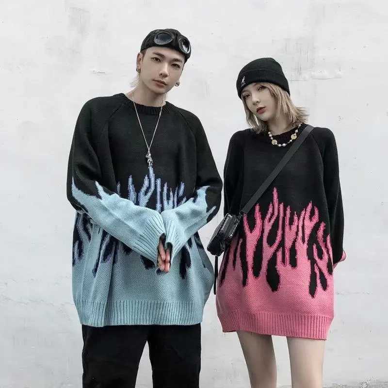 Hip Hop Mens Street Clothing Harajuku Knitted Sweater Blue Flame 2022 Autumn Sweater Pulling Loose Hip Hop Retro VintageW240729