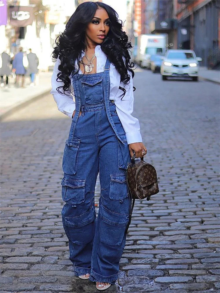 Wmstar Women Jumpsuit Fashion Rompers Streetwear Sleeveless Denim Vintage Loose Jeans Overalls Pockets Wide Leg Female Pants 240813