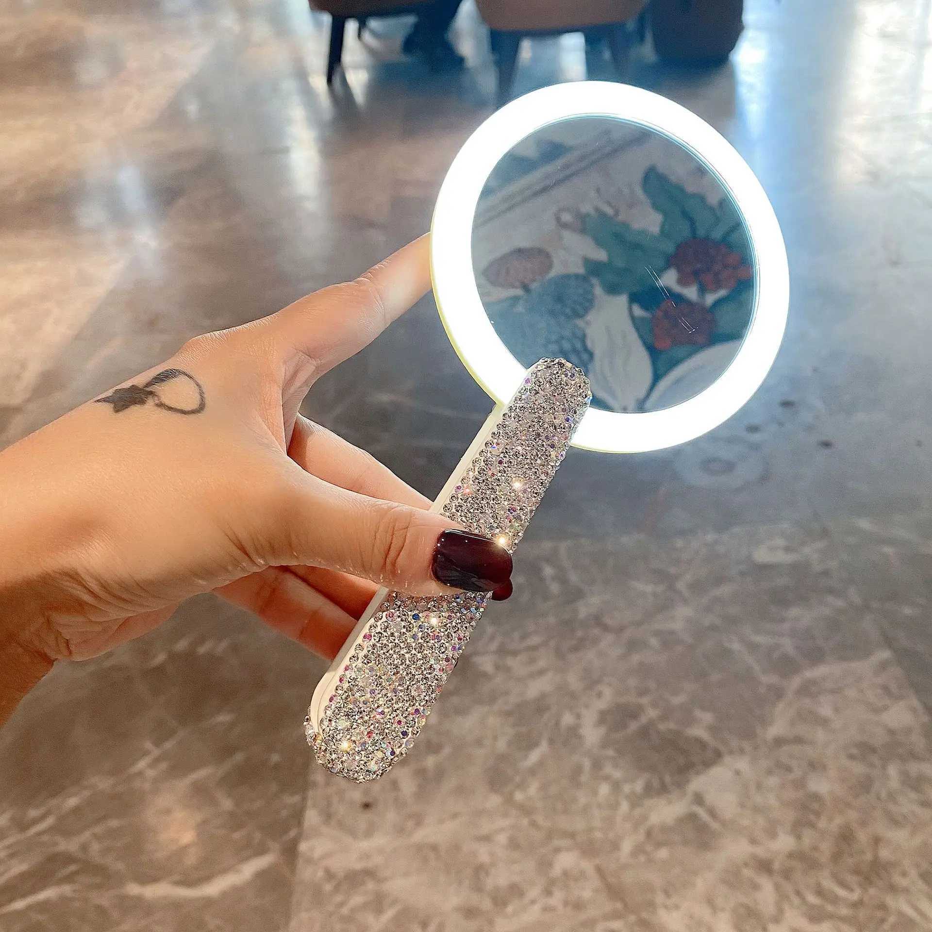 Portable makeup mirror with high brightness appearance horizontal diamond inlaid LED makeup light folding hand high-definition mirror W240813