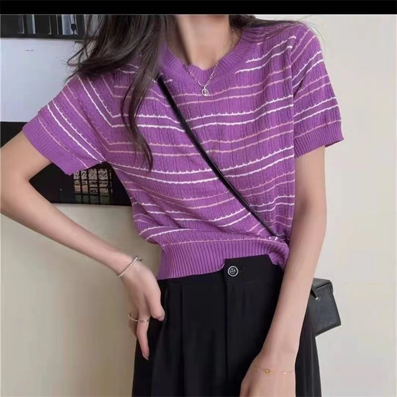 Womens short-sleeved striped O-neck Fashion knits SML