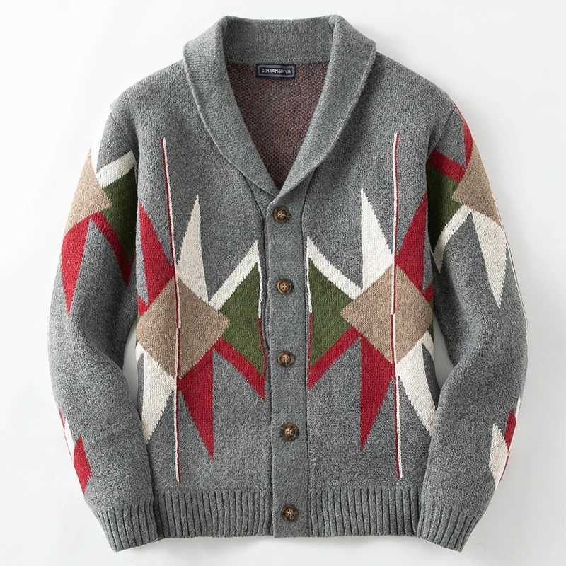 Retro Jacquard Crochet Knitted Thick Jacket Mens Fashion V-neck Button Knitted Open Skirt Winter Coat Mens SweaterW240729