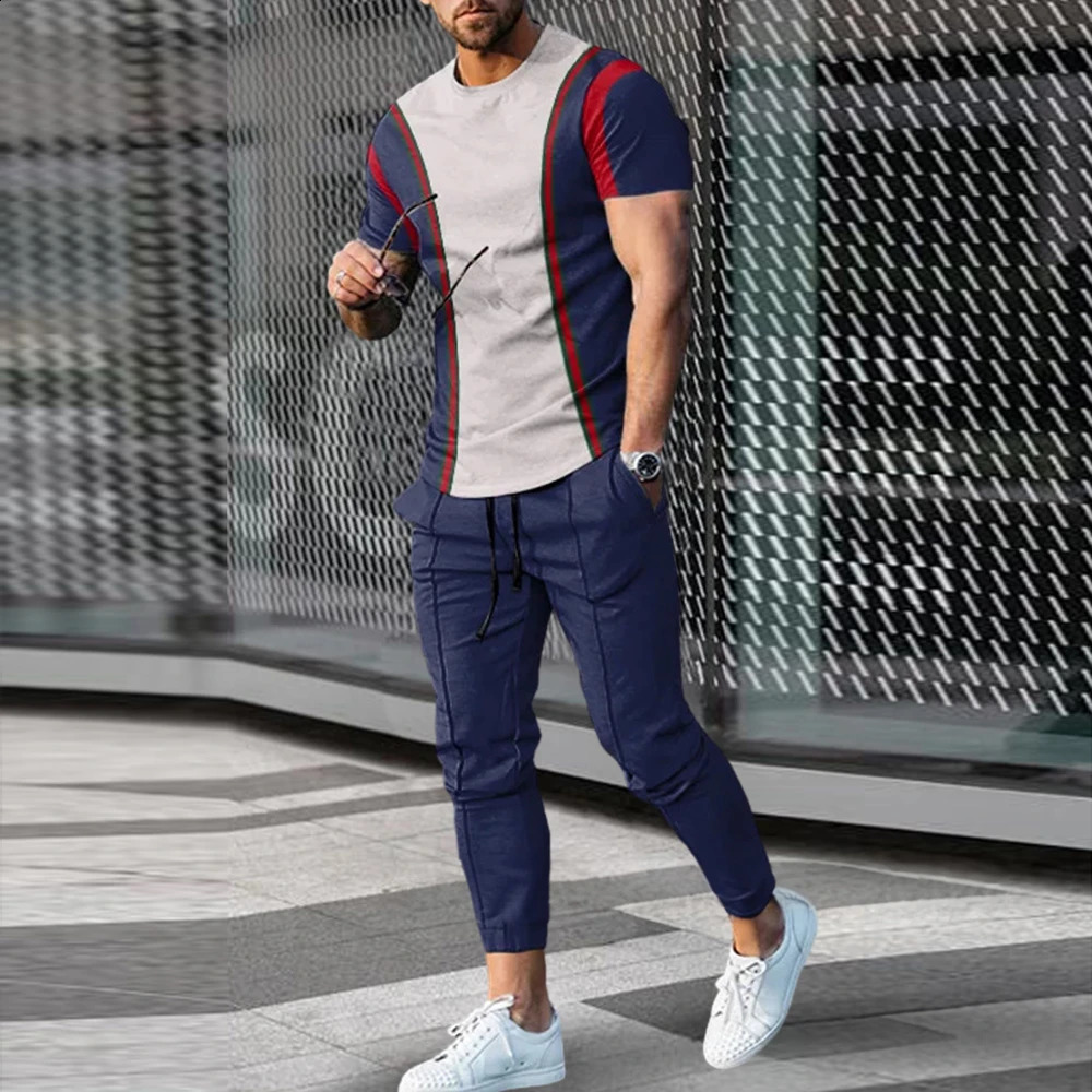 Men Summer T Shirt Pants Sets Print Tracksuits Oversized T-shirts Sweatpants Suits Male Sportswear Trousers Outfits Men Clothing 240814
