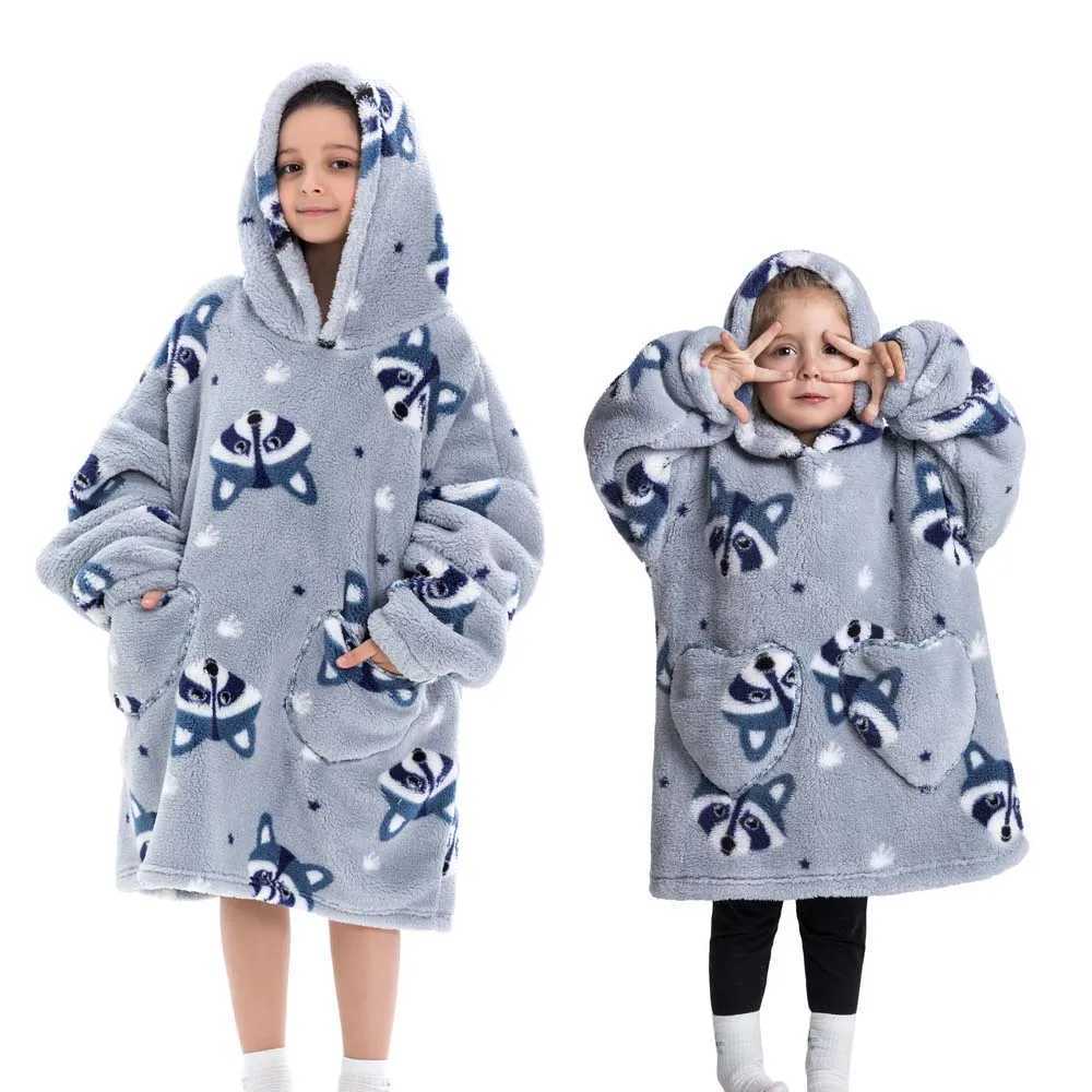 Kids Oversized Blanket Hoodie Winter Sweatshirt Hooded Panda Cat Shiba Inu Sweatshirt Boy Girl Baby Hoodies Super Warm ClothesY240814