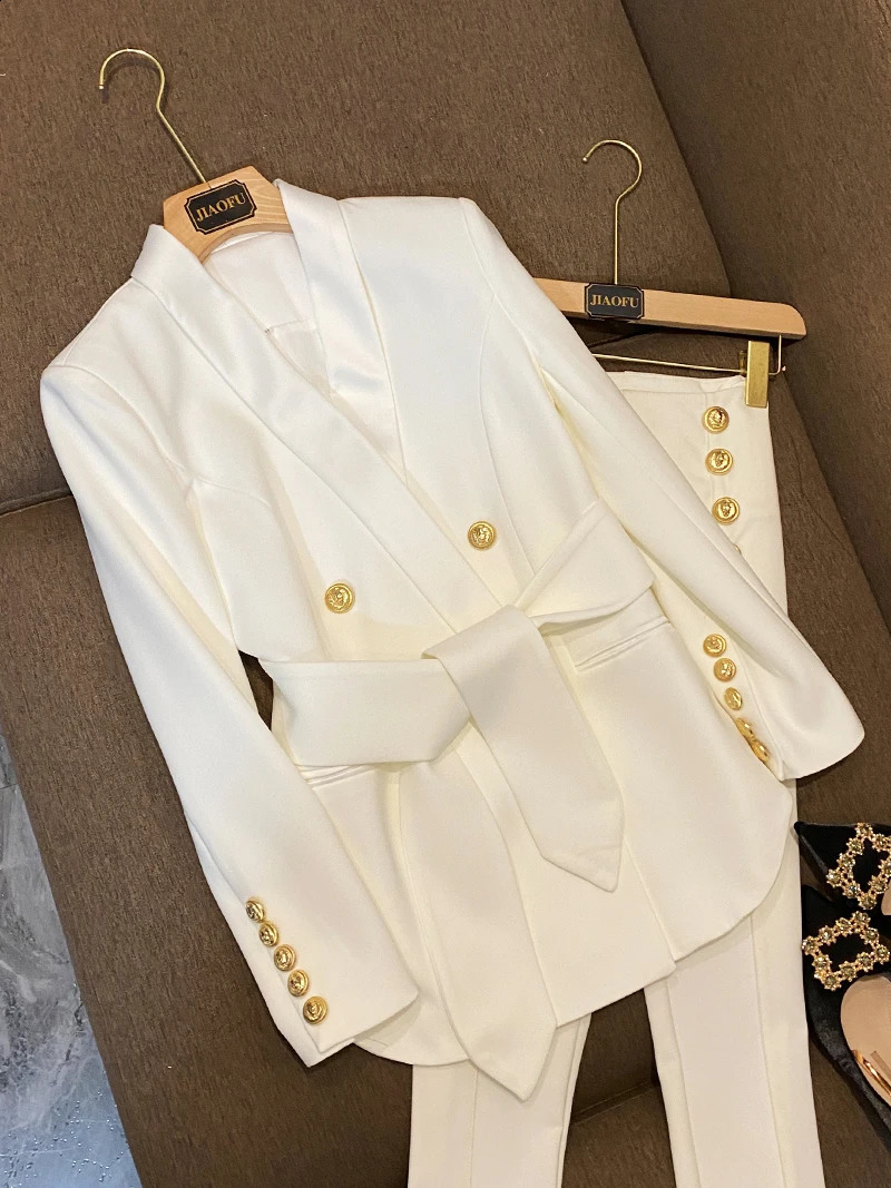 Arrival European Style Quality Women Coat Shawl Collar Double-breasted Office Lady Solid Blazer With Belt 240813
