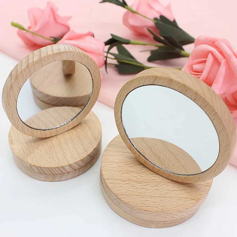 1x Wooden Makeup Mirror Portable Round Mirror Handheld Simple Makeup Mirror W240813