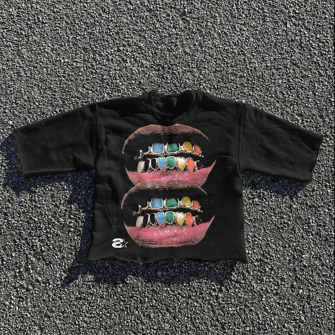 Streetwear T Shirt Y2K Tops Hip Hop Gothic Teeth Graphic Print Oversized TShirt Mens Womens Round Neck Cotton Short Sleeve Tops 240809