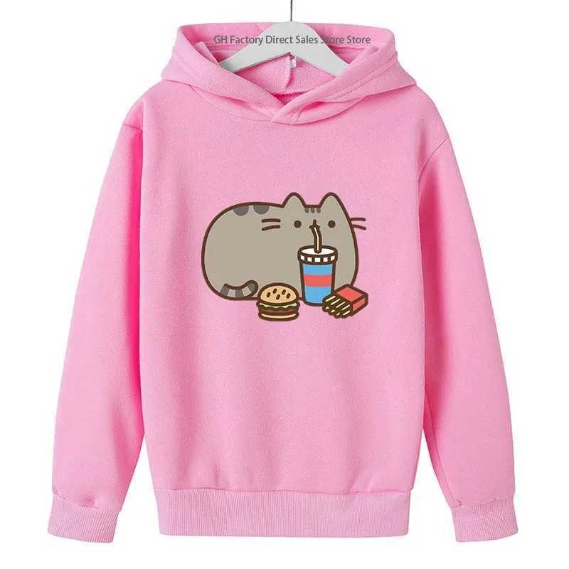 Girls Pusheen Cat Cute Print Spring Autumn Long Sleeved Hoodies 2-13 Years Kids Casual Outfits Sports Tops Children Gift ClothesY240814