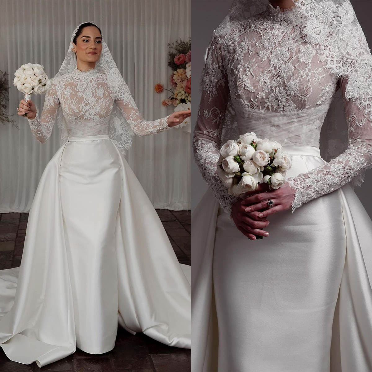 Plus Size Luxurious Mermaid Wedding Dresses Lace High Neck Long Sleeve Bridal Gowns Illusion Sweep Train Custom Made Dress
