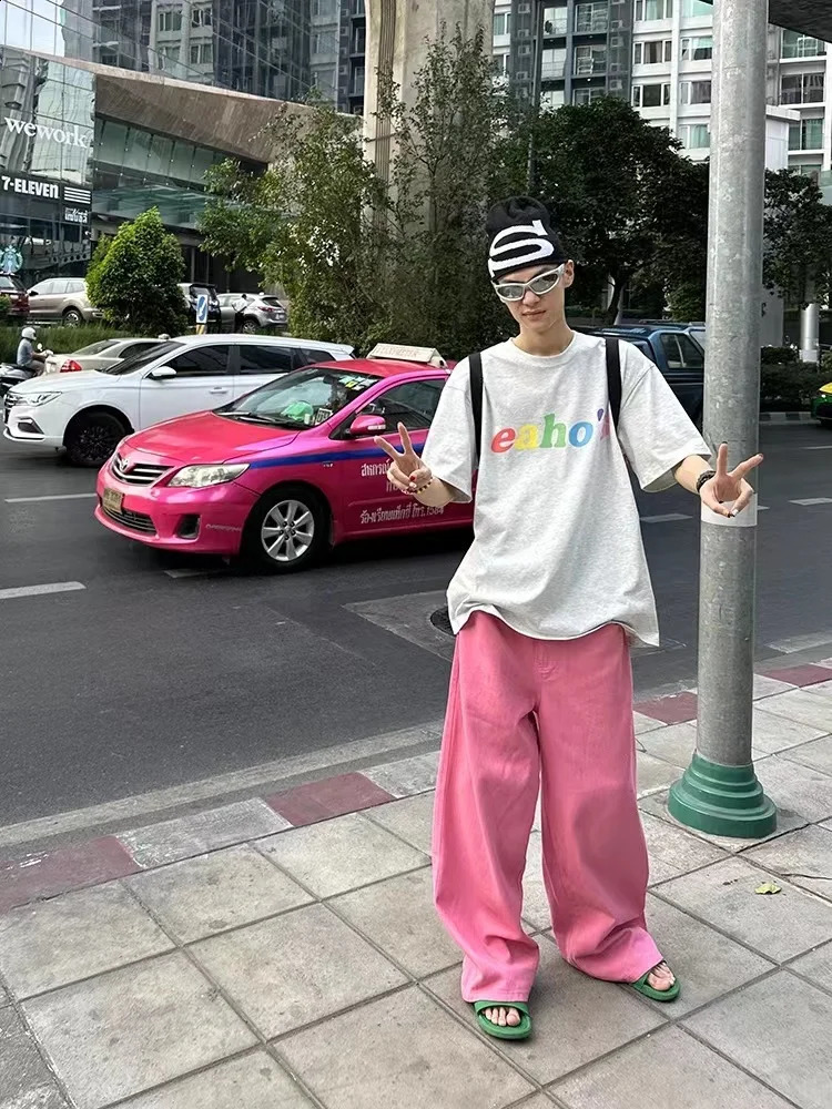American SpringSummer Colorful Wide Leg Jeans for Men Pink Blue Loose Straight Leg Casual Pants for Men Women streetwear 240814