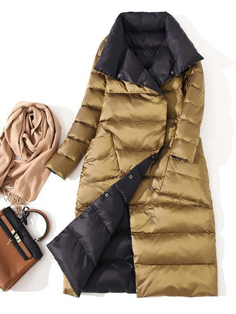 Fitaylor Women Double Sided Down Long Jacket Winter Turtleneck White Duck Down Coat Double Breasted Warm Parkas Snow Outwear 240813