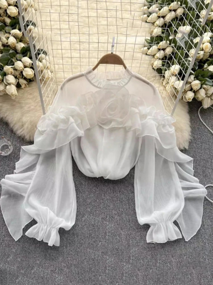 XFPV Womens Ruffle Irregular Mesh Fold Loose Korean Edition Shirt Stand up Collar Long Sleeve Spring/Summer 2024 SM10731 240814