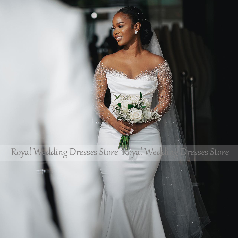 African Luxury Wedding Dress Pearls Long Sleeves White Satin Wedding Gowns for Women 2024 Bride Mermaid Trumpet Bridal Dresses