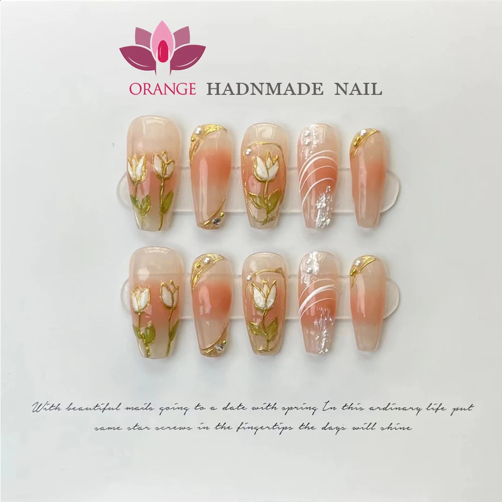 Handmade Nails Press On Coffin Medium Length Flower Manicuree Wearable Full Cover Artificial False Nail Tips Japanese Set 240810