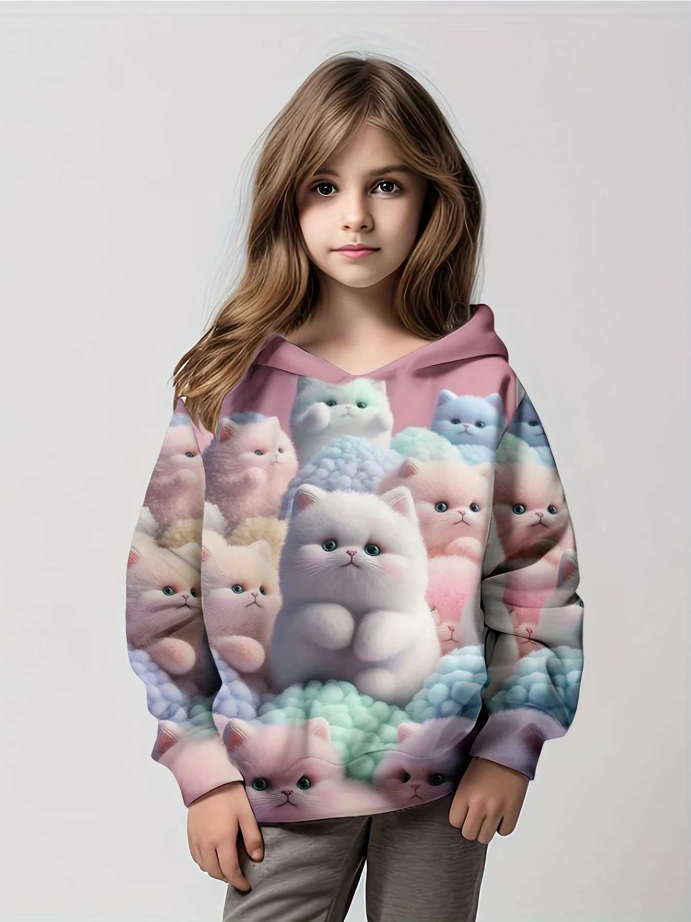 New Adorable Kittens Pattern Print Girls Hoodies Pullover Long Sleeve Trendy Cute Hooded Sweatshirt Tops Kids Clothing GiftsY240814