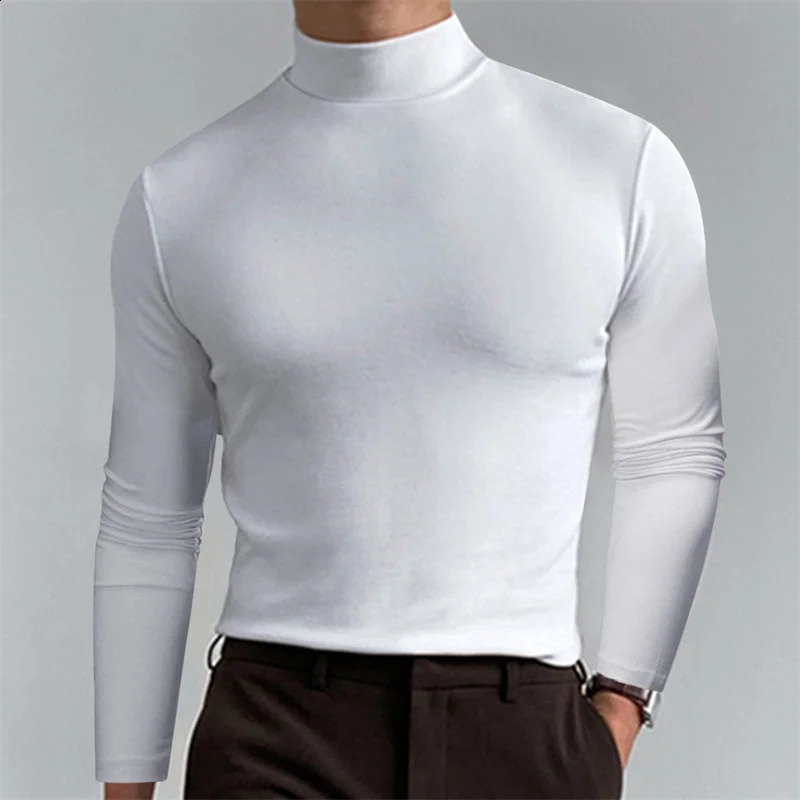 Men Casual Base T-shirts Long Sleeve High Neck Slim Elastic Thin Shirts Spring Autumn Fashion Simple Solid Color Daily Tops 240814