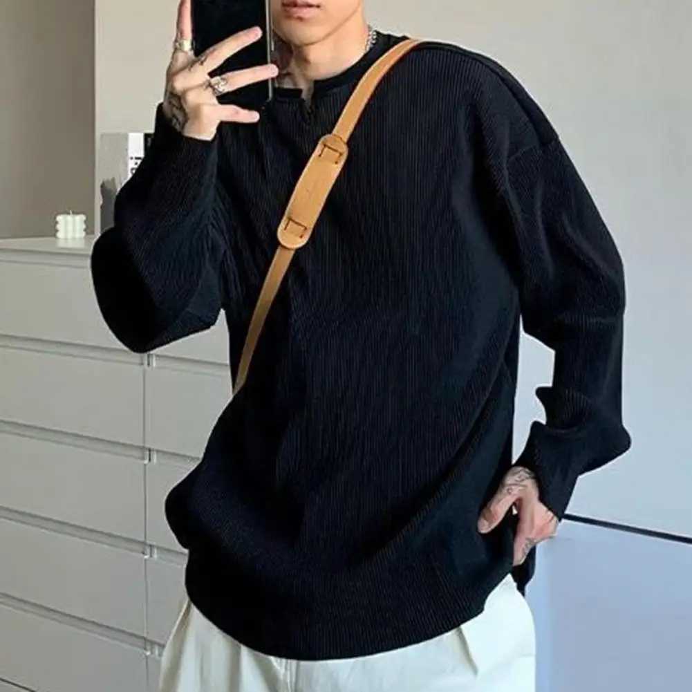 Men Long Sleeve Tops Versatile Mens Streetwear Ribbed Stripes V-neck T-shirt Loose Fit Long Sleeve Pullover Tops for SpringM240814