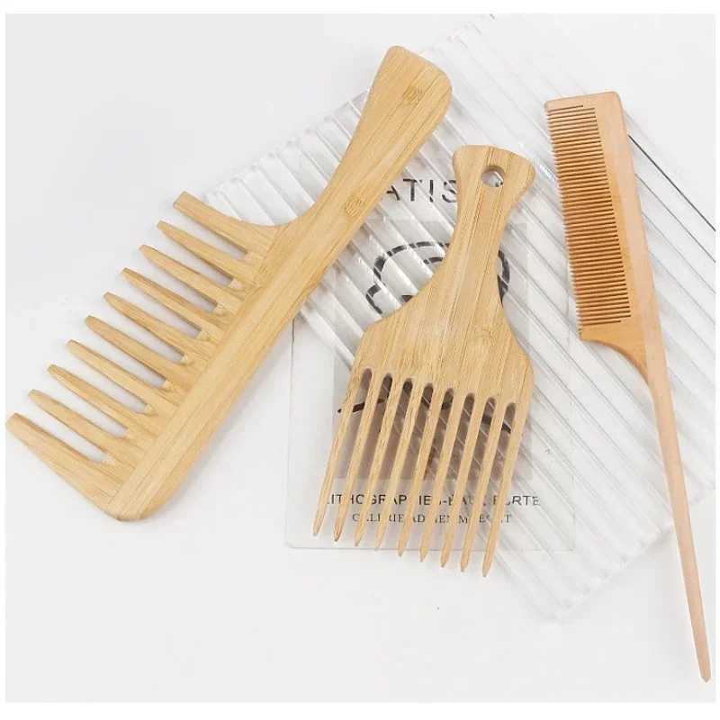 1 natural bamboo and wood hair comb anti-static African fork comb suitable for women round wide tooth wooden comb hair brush for women W240813